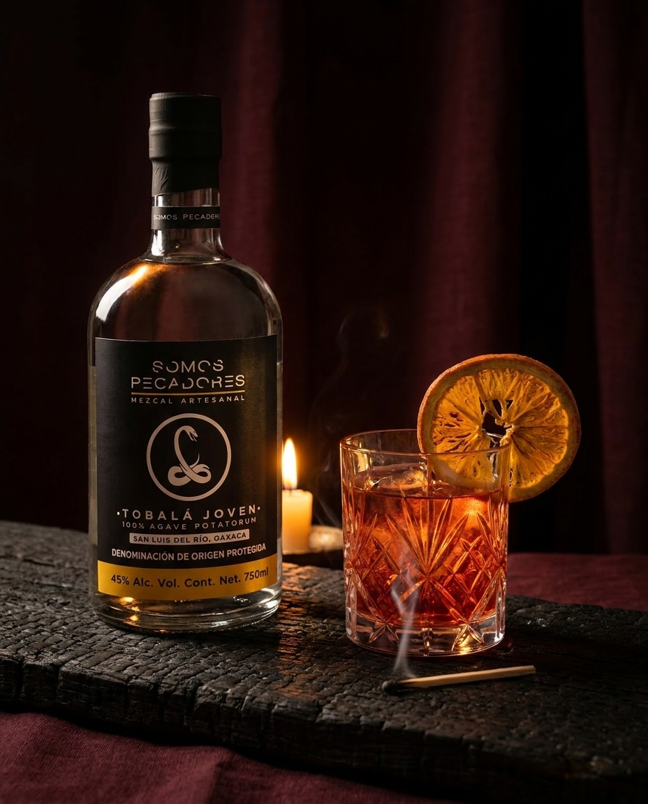 Pecador Negroni in a crystal-cut rocks glass with a charred orange wheel, beside a bottle of Somos Pecadores mezcal.