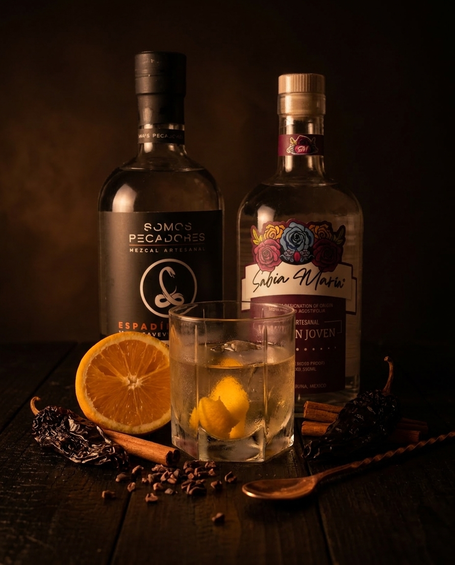 Rocks glass holding a deep amber Puebla Old Fashioned over a single large ice cube, orange peel curled inside and a cinnamon stick on the rim, beside Somos Pecadores and Sabia Maria mezcal bottles.