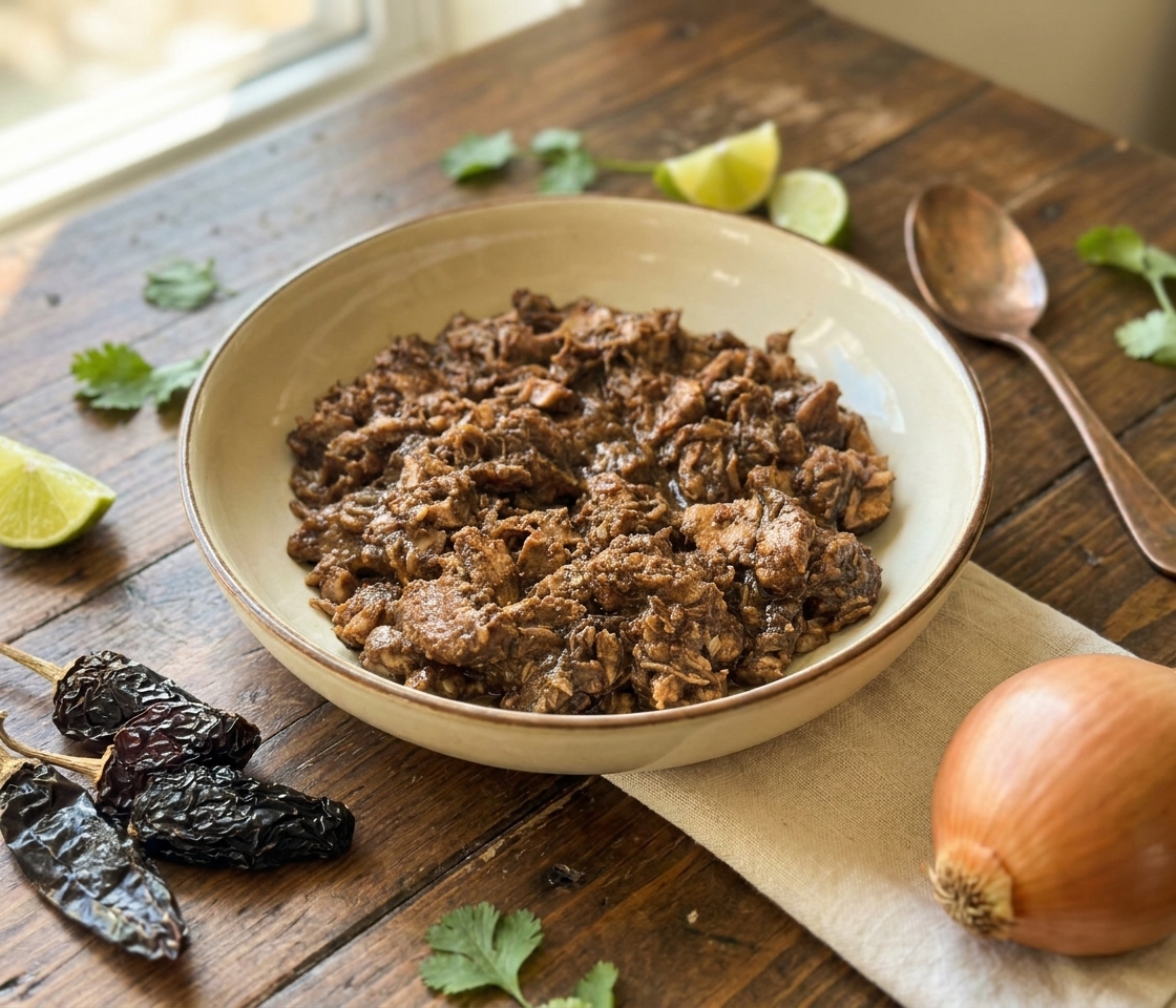 Shredded sweet chipotle pork in a glossy chipotle and prune sauce, served in a deep blue bowl.